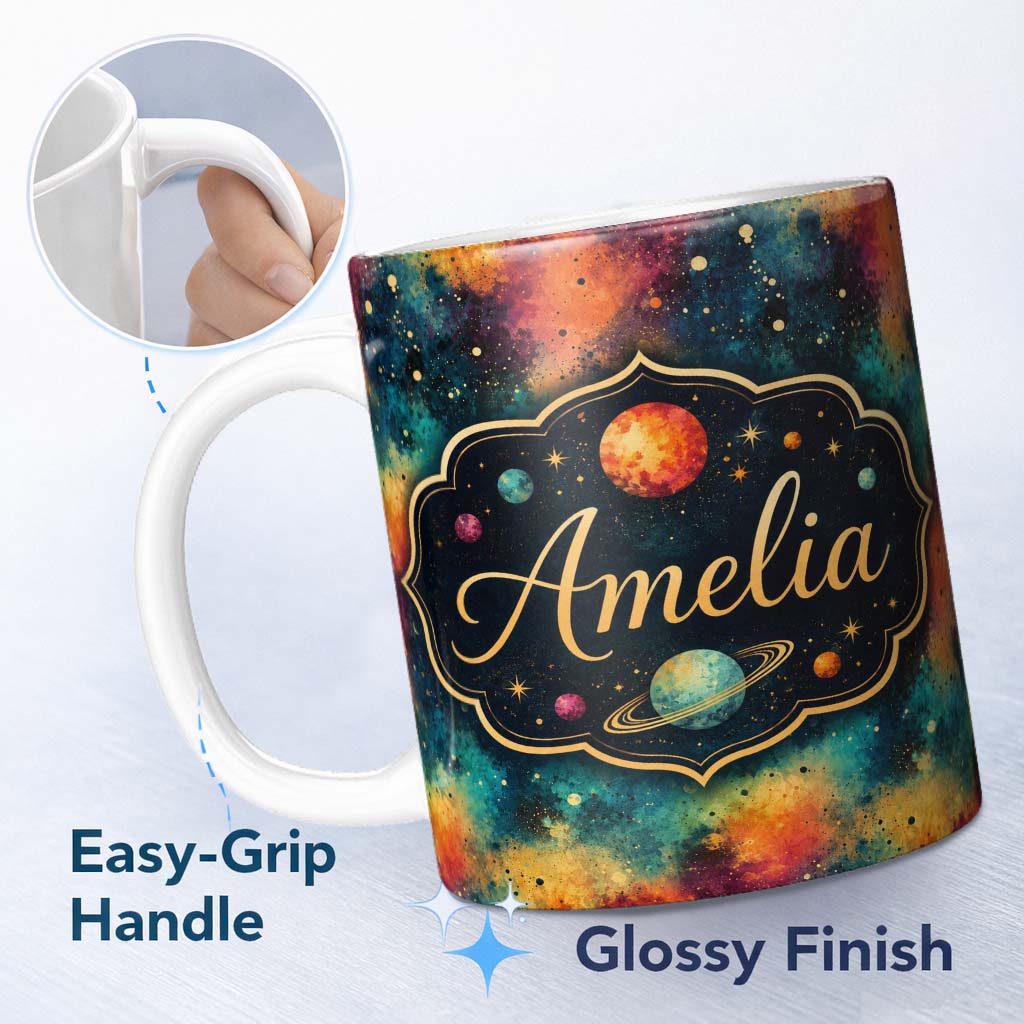 Personalized Custom Name Multicolor Nebula Splatter Galaxy Space Seamless Pattern Bright 11oz Ceramic Coffee Tea Mug White Large Handle