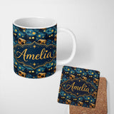Personalized Custom Name Vintage Camera Starry Night Artistic Seamless Pattern Lovely 11oz Ceramic Coffee Tea Mug White Large Handle