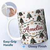 Personalized Custom Name Festive Embroidered Christmas Trees Stars Seamless Pattern Lovely 11oz Ceramic Coffee Tea Mug White Large Handle