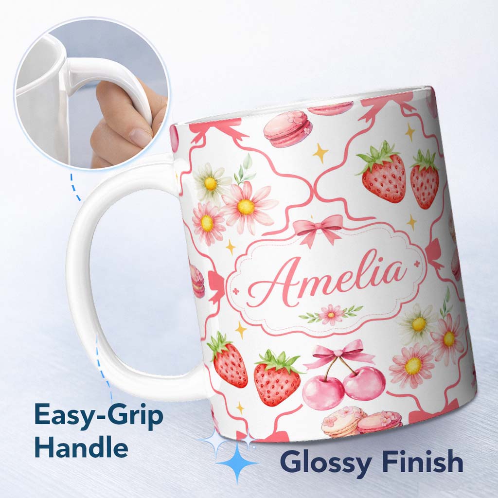 Personalized Custom Name Strawberry Cherry Daisy Floral Bow Sweet Dessert Coral Red Outline 11oz Ceramic Coffee Tea Mug White Large Handle