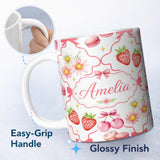 Personalized Custom Name Strawberry Cherry Daisy Floral Bow Sweet Dessert Coral Red Outline 11oz Ceramic Coffee Tea Mug White Large Handle