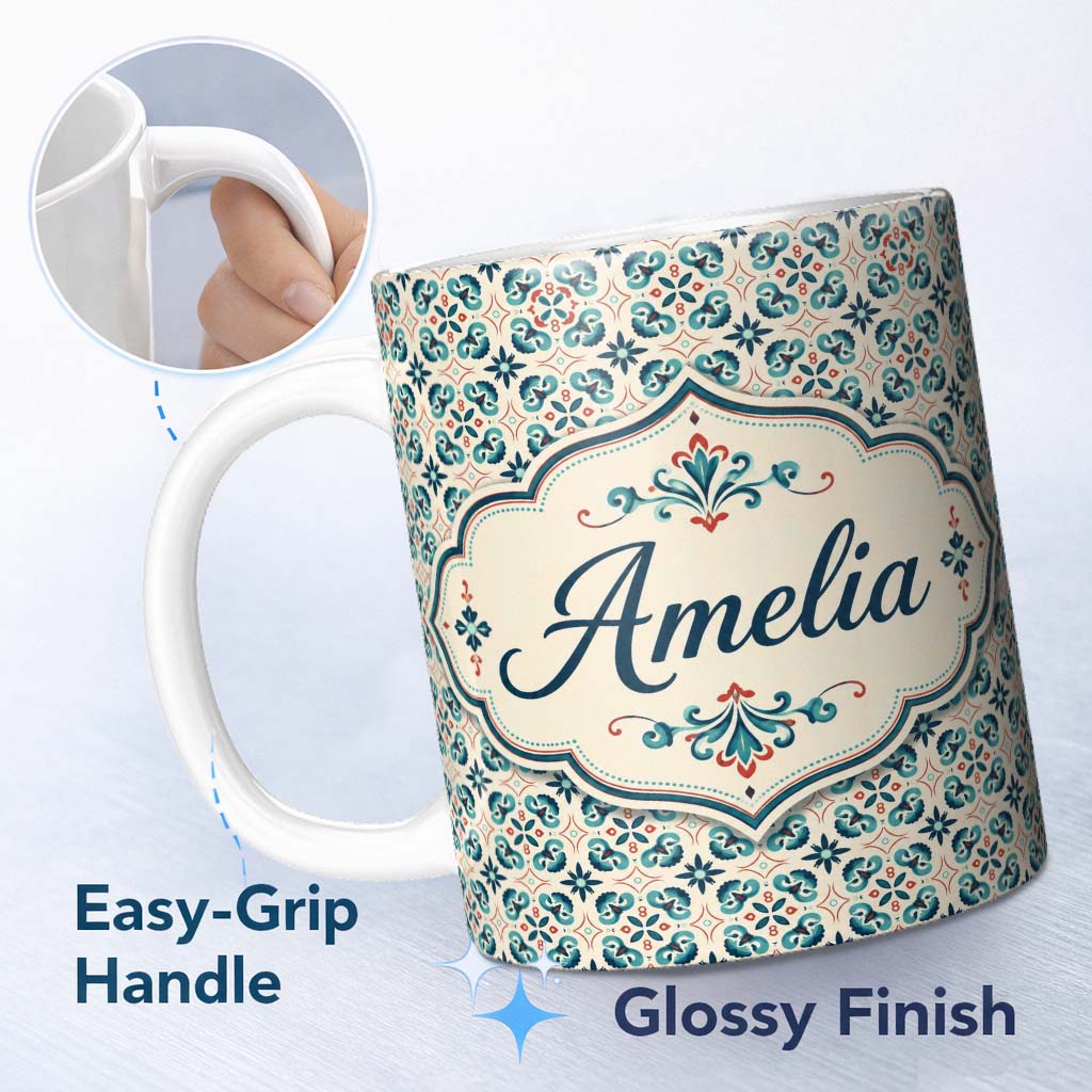 Personalized Custom Name Teal and Red Ornamental Tile Pattern with Symmetrical Vintage Floral 11oz Ceramic Coffee Tea Mug White Large Handle