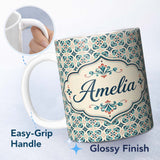 Personalized Custom Name Teal and Red Ornamental Tile Pattern with Symmetrical Vintage Floral 11oz Ceramic Coffee Tea Mug White Large Handle