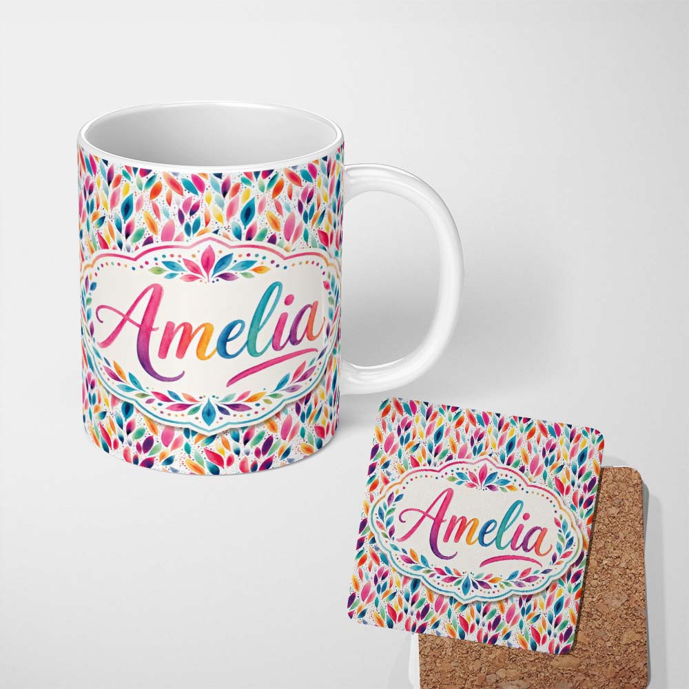 Personalized Custom Name Colorful Watercolor Leaf Pattern Seamless Botanical Abstract Design 11oz Ceramic Coffee Tea Mug White Large Handle