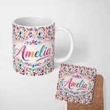 Personalized Custom Name Colorful Watercolor Leaf Pattern Seamless Botanical Abstract Design 11oz Ceramic Coffee Tea Mug White Large Handle