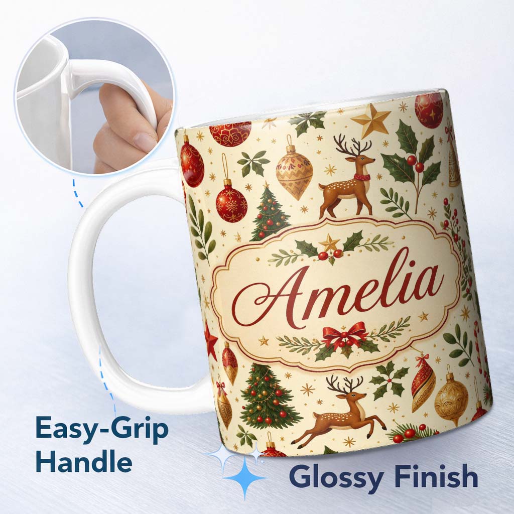 Personalized Custom Name Festive Reindeer Christmas Trees Ornaments Seamless Pattern Holiday 11oz Ceramic Coffee Tea Mug White Large Handle