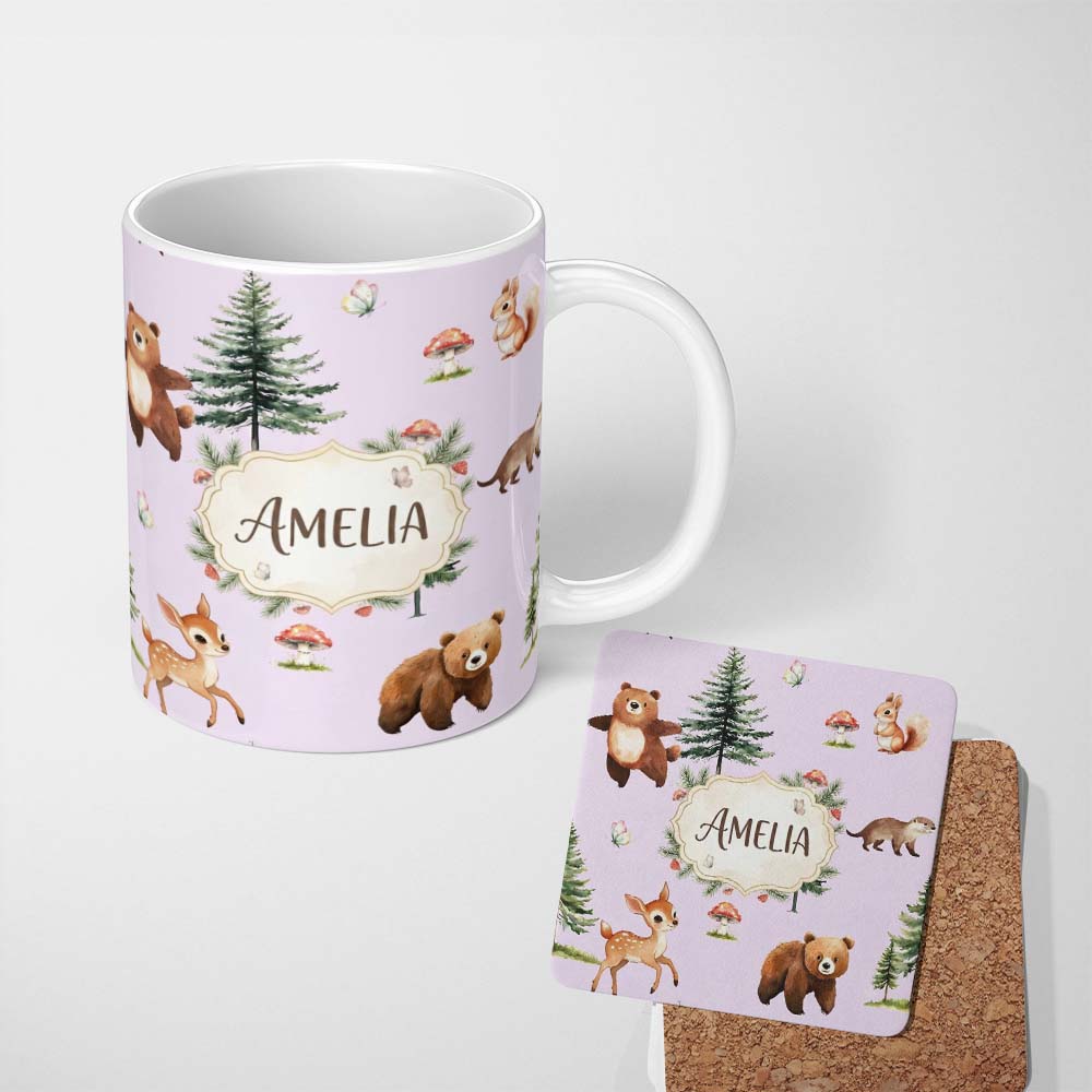 Personalized Custom Name Bear Bunny Deer Squirrel Trees Mushrooms Butterfly Soft Lilac 11oz Ceramic Coffee Tea Mug White Large Handle