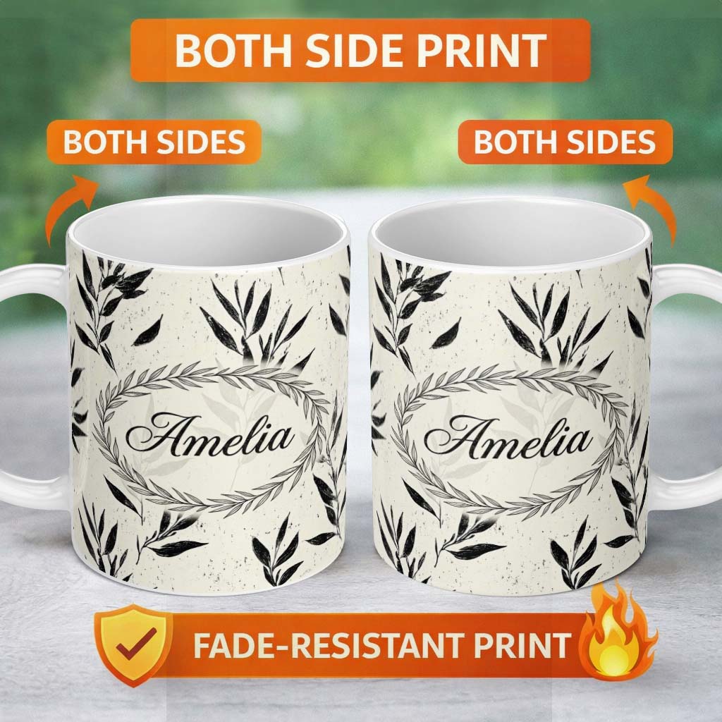 Personalized Custom Name Minimal Botanical Leaves Black Cream Organic Floral Pattern Lovely 11oz Ceramic Coffee Tea Mug White Large Handle