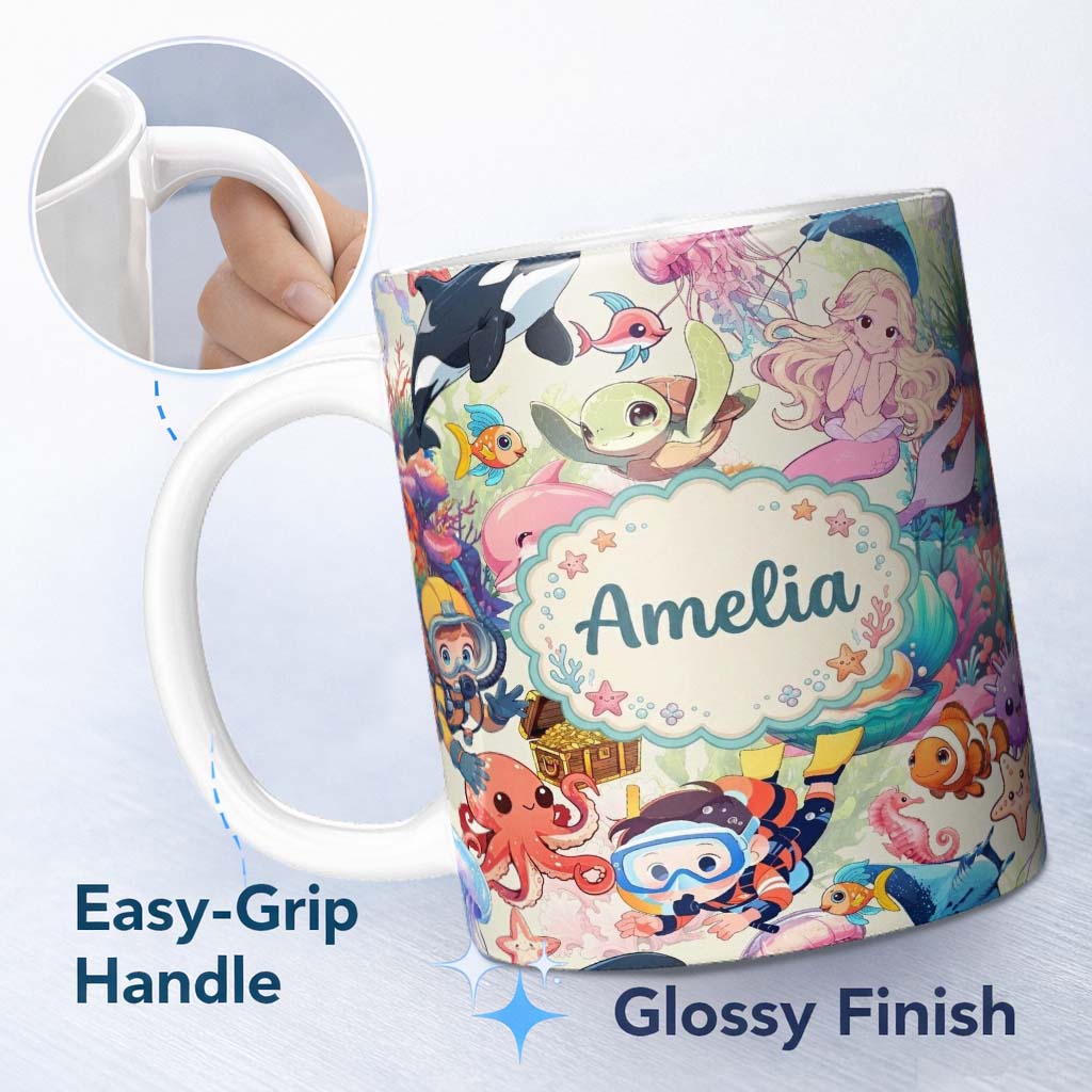 Personalized Custom Name Cute Underwater Ocean Scene Mermaid Dolphin Turtle Treasure Seamless 11oz Ceramic Coffee Tea Mug White Large Handle