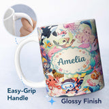 Personalized Custom Name Cute Underwater Ocean Scene Mermaid Dolphin Turtle Treasure Seamless 11oz Ceramic Coffee Tea Mug White Large Handle