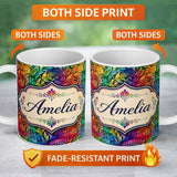 Personalized Custom Name Rainbow Abstract Leaf Swirl Seamless Pattern Thoughtful Gift Idea 11oz Ceramic Coffee Tea Mug White Large Handle