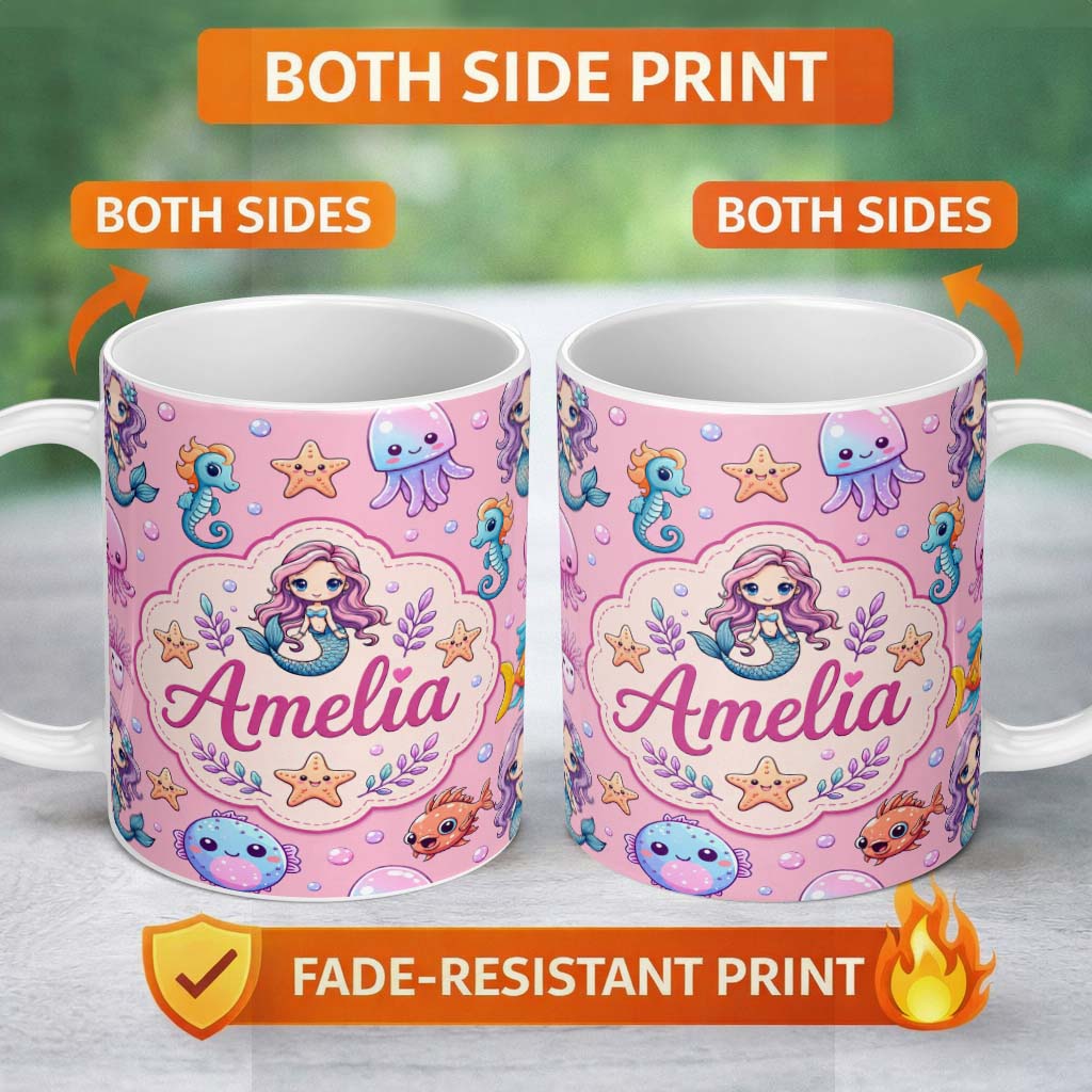 Personalized Custom Name Cute Cartoon Mermaid with Sea Creatures on Pink Background Playful 11oz Ceramic Coffee Tea Mug White Large Handle