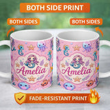 Personalized Custom Name Cute Cartoon Mermaid with Sea Creatures on Pink Background Playful 11oz Ceramic Coffee Tea Mug White Large Handle