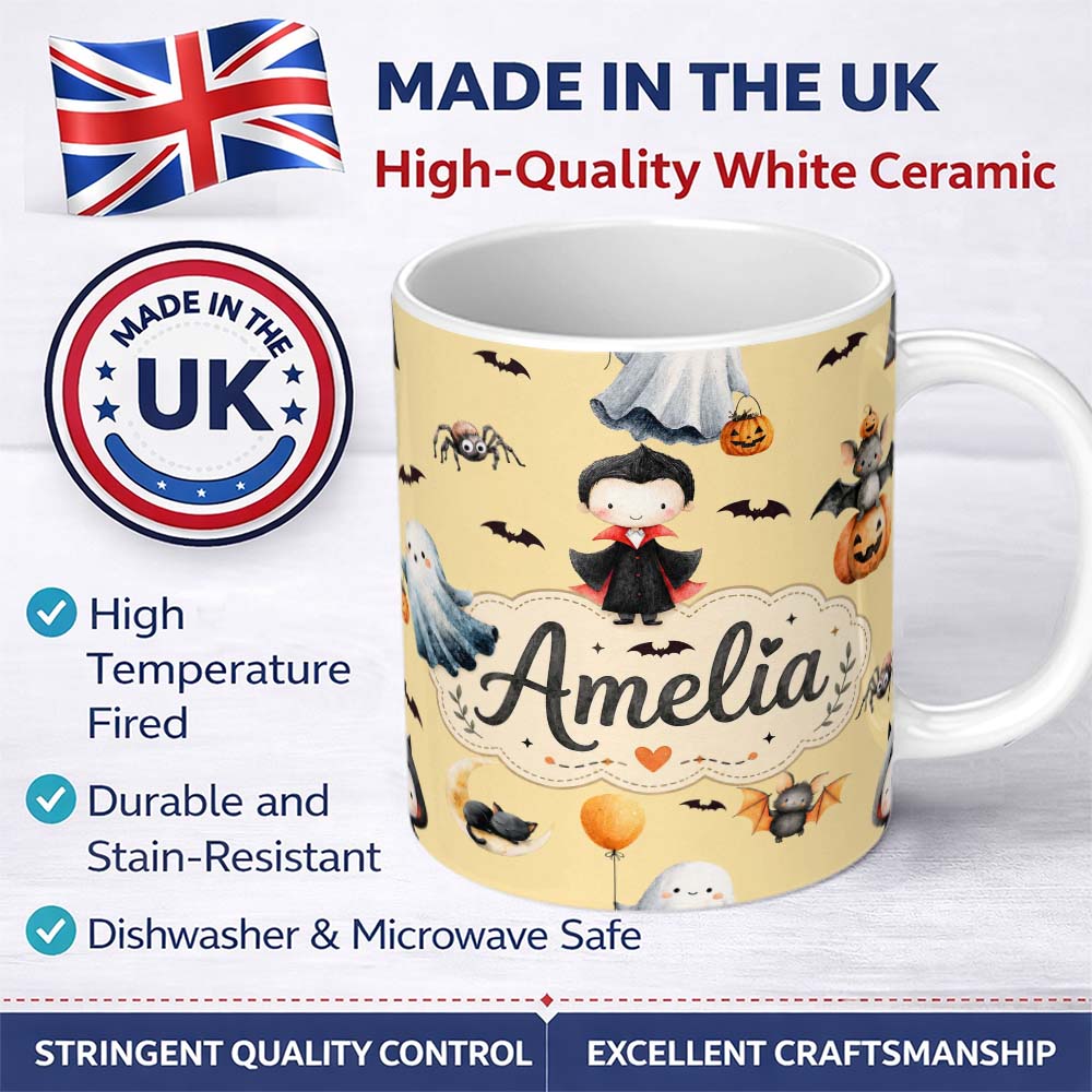 Personalized Custom Name Halloween Vampire Ghost Bats Spooky Characters Warm Yellow Seamless 11oz Ceramic Coffee Tea Mug White Large Handle