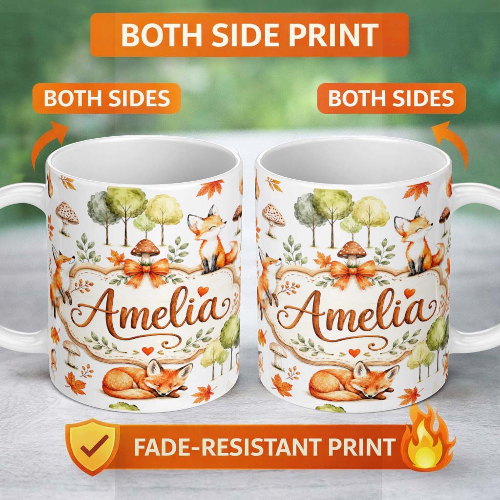 Personalized Custom Name Woodland Fox with Trees Leaves Mushrooms Soft Grey Seamless Pattern 11oz Ceramic Coffee Tea Mug White Large Handle