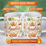 Personalized Custom Name Woodland Fox with Trees Leaves Mushrooms Soft Grey Seamless Pattern 11oz Ceramic Coffee Tea Mug White Large Handle