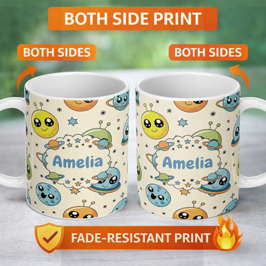 Personalized Custom Name Cute Kawaii Space Planets Aliens Stars Galaxy Seamless Pattern 11oz Ceramic Coffee Tea Mug White Large Handle