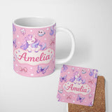 Personalized Custom Name Cute Pastel Unicorn Butterfly Candy Stars Rose Pink Background 11oz Ceramic Coffee Tea Mug White Large Handle