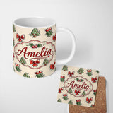 Personalized Custom Name Cute Christmas Bows Holly Berries Tree Doodle Seamless Pattern 11oz Ceramic Coffee Tea Mug White Large Handle