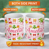 Personalized Custom Name Cute Christmas Gifts Stockings Tree Stripe Background Seamless 11oz Ceramic Coffee Tea Mug White Large Handle