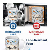 Personalized Custom Name Cute Halloween Zombie Mummy Vampire Bat Spooky Blue Background 11oz Ceramic Coffee Tea Mug White Large Handle