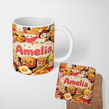 Personalized Custom Name Cute Kawaii Fast Food Collage Burger Pizza Fries Drinks Seamless 11oz Ceramic Coffee Tea Mug White Large Handle