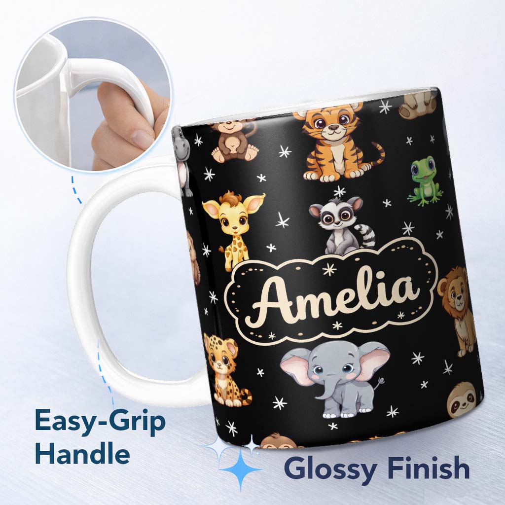 Personalized Custom Name Cute Cartoon Safari Animals with Stars on Black Background Nursery 11oz Ceramic Coffee Tea Mug White Large Handle