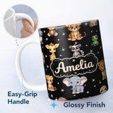 Personalized Custom Name Cute Cartoon Safari Animals with Stars on Black Background Nursery 11oz Ceramic Coffee Tea Mug White Large Handle