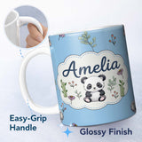 Personalized Custom Name Cute Panda Bear with Bamboo Leaves Floral Seamless Pattern Sky Blue 11oz Ceramic Coffee Tea Mug White Large Handle