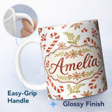 Personalized Custom Name Watercolor Candy Canes Gift Box Berries and Winter Botanical Lovely 11oz Ceramic Coffee Tea Mug White Large Handle