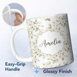 Personalized Custom Name Elegant White Blossom Floral Pattern with Soft Green Leaves Seamless 11oz Ceramic Coffee Tea Mug White Large Handle