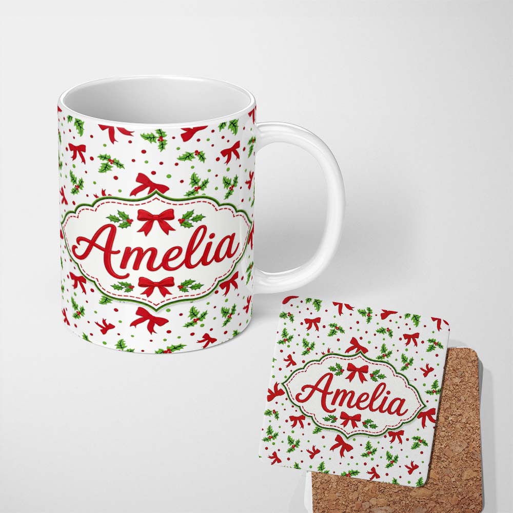 Personalized Custom Name Festive Holly Leaves Red Bows Polka Dot Christmas Seamless Pattern 11oz Ceramic Coffee Tea Mug White Large Handle