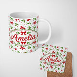 Personalized Custom Name Festive Holly Leaves Red Bows Polka Dot Christmas Seamless Pattern 11oz Ceramic Coffee Tea Mug White Large Handle