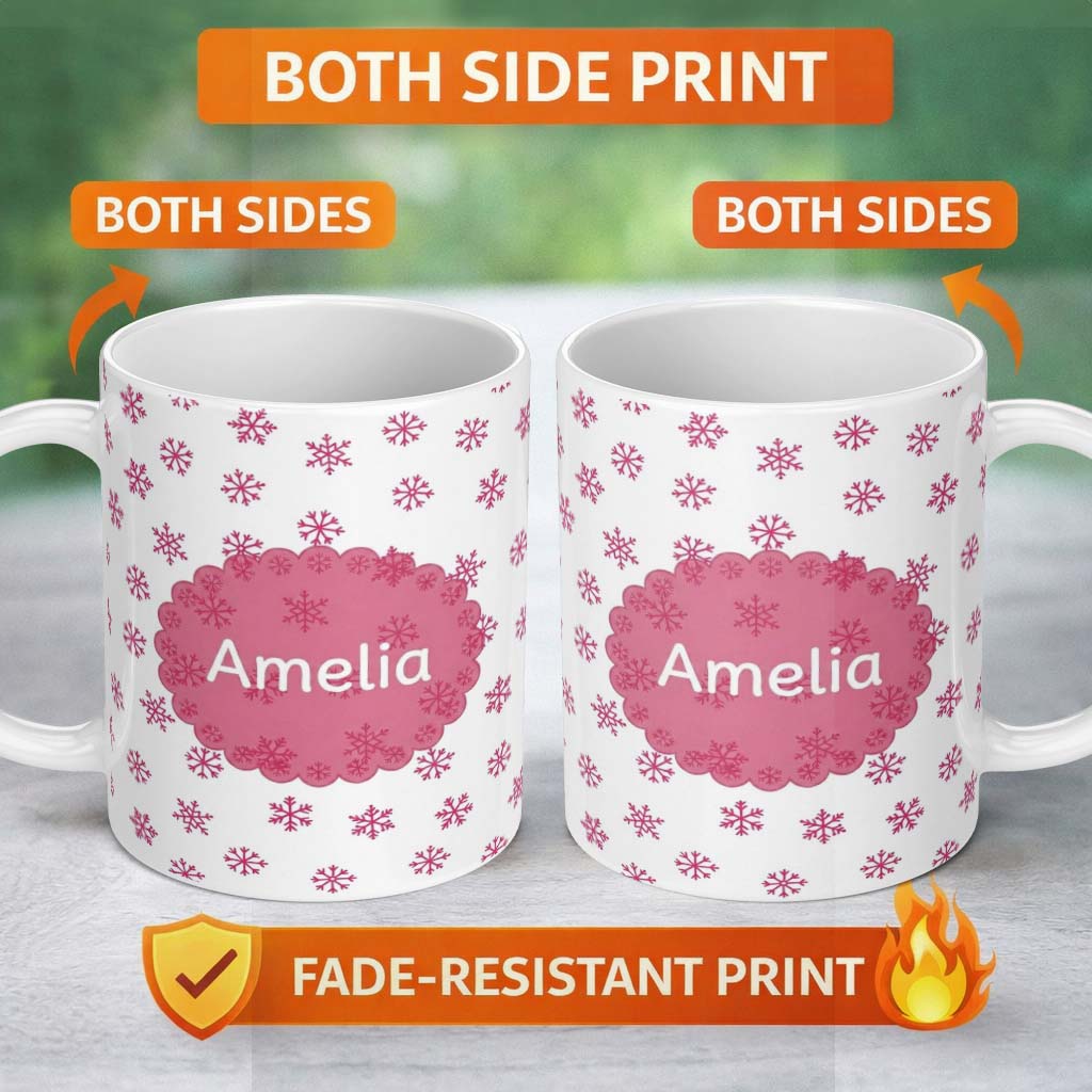 Personalized Custom Name Simple Pink Snowflake Polka Dot Winter Seamless Pattern Lovely 11oz Ceramic Coffee Tea Mug White Large Handle