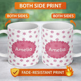 Personalized Custom Name Simple Pink Snowflake Polka Dot Winter Seamless Pattern Lovely 11oz Ceramic Coffee Tea Mug White Large Handle