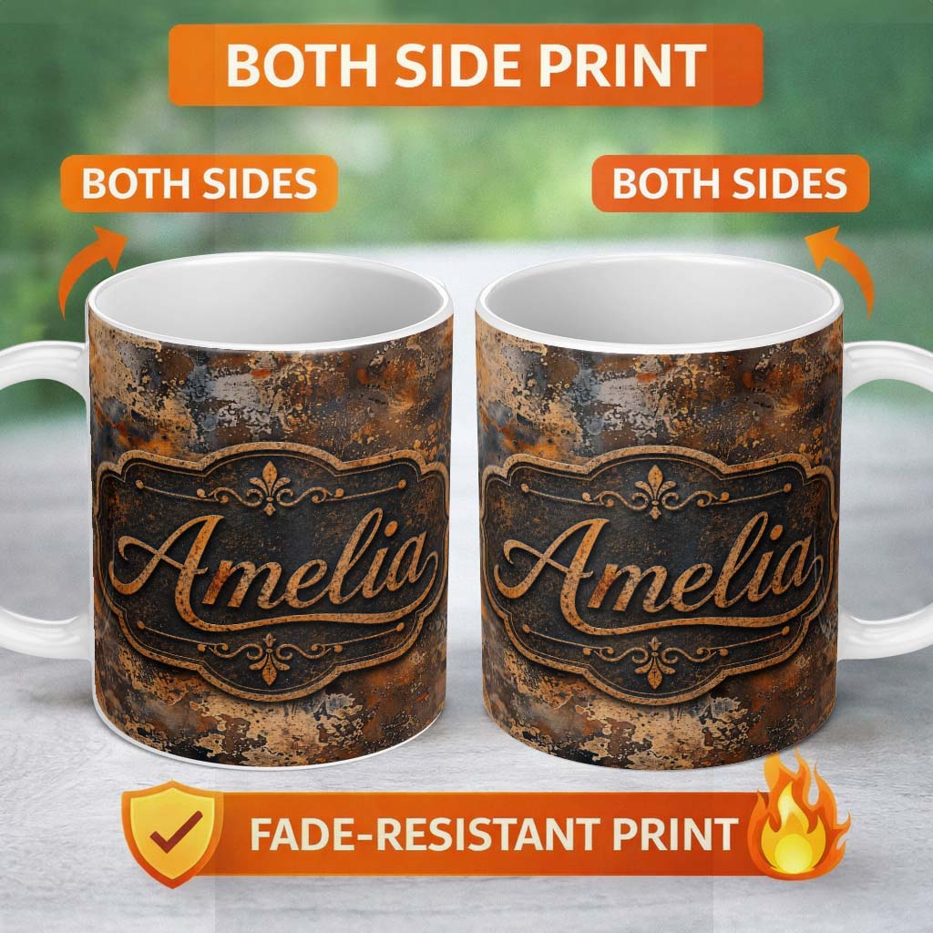 Personalized Custom Name Abstract Rust and Oxidation Texture Seamless Pattern Metallic Grunge 11oz Ceramic Coffee Tea Mug White Large Handle