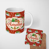 Personalized Custom Name Cute Snowman Winter Village Candy Cane Seamless Pattern Lovely 11oz Ceramic Coffee Tea Mug White Large Handle