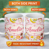 Personalized Custom Name Cute Kawaii Breakfast Food Seamless Pattern Pink Gingham Background 11oz Ceramic Coffee Tea Mug White Large Handle