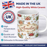 Personalized Custom Name Gingerbread Houses Candy Canes Winter Treats Seamless Pattern Lovely 11oz Ceramic Coffee Tea Mug White Large Handle