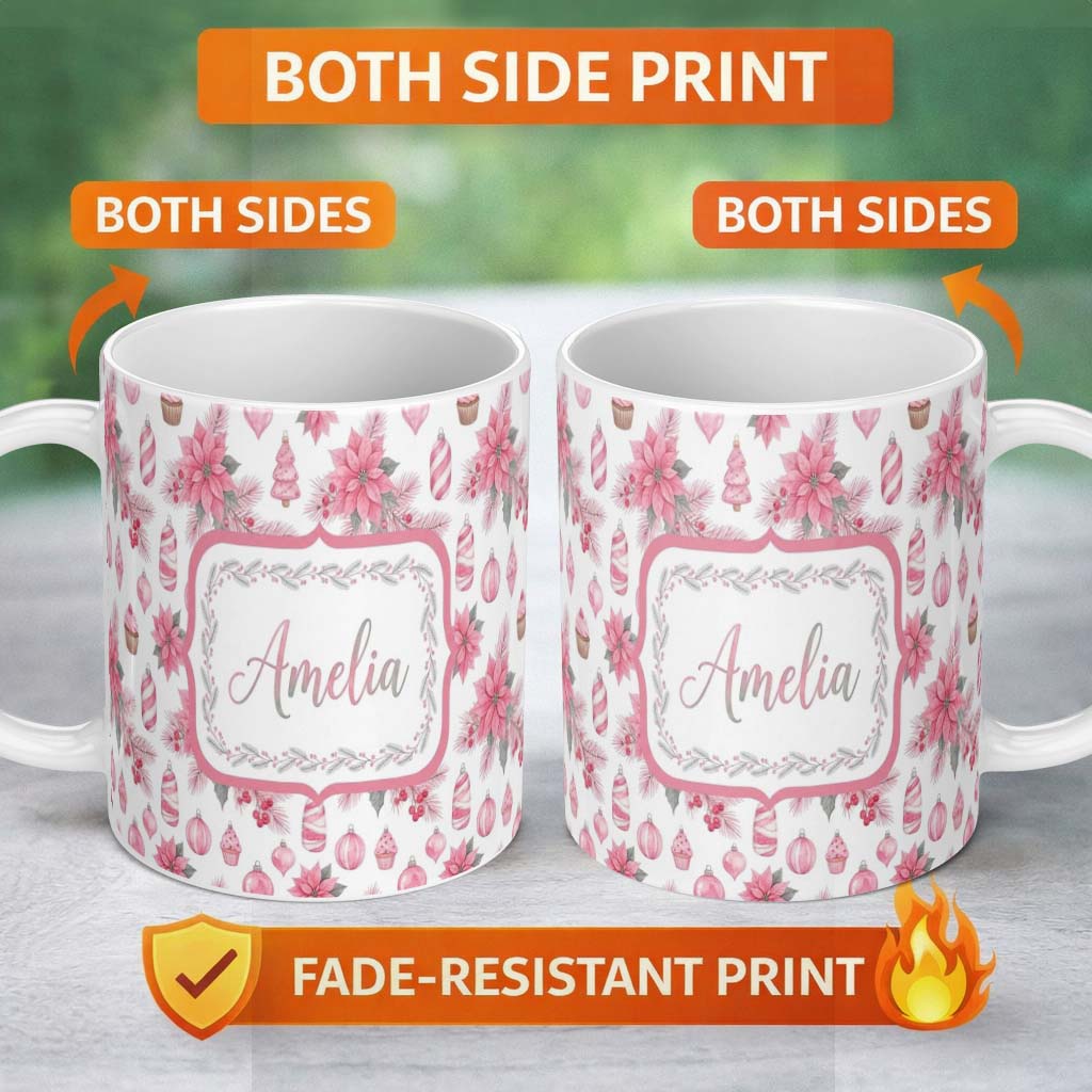 Personalized Custom Name Elegant Pink Christmas Ornaments Holly Leaves Watercolor Seamless 11oz Ceramic Coffee Tea Mug White Large Handle