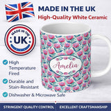 Personalized Custom Name Bright Pink Protea Flowers with Blue Green Leaves Seamless Pattern 11oz Ceramic Coffee Tea Mug White Large Handle