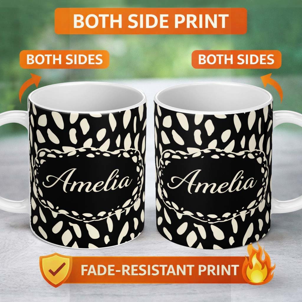 Personalized Custom Name Scattered Pebble Spots Black Cream Irregular Dot Pattern Lovely 11oz Ceramic Coffee Tea Mug White Large Handle