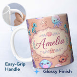 Personalized Custom Name Cute Cartoon Mermaid with Sea Creatures on Peach Background Kids 11oz Ceramic Coffee Tea Mug White Large Handle