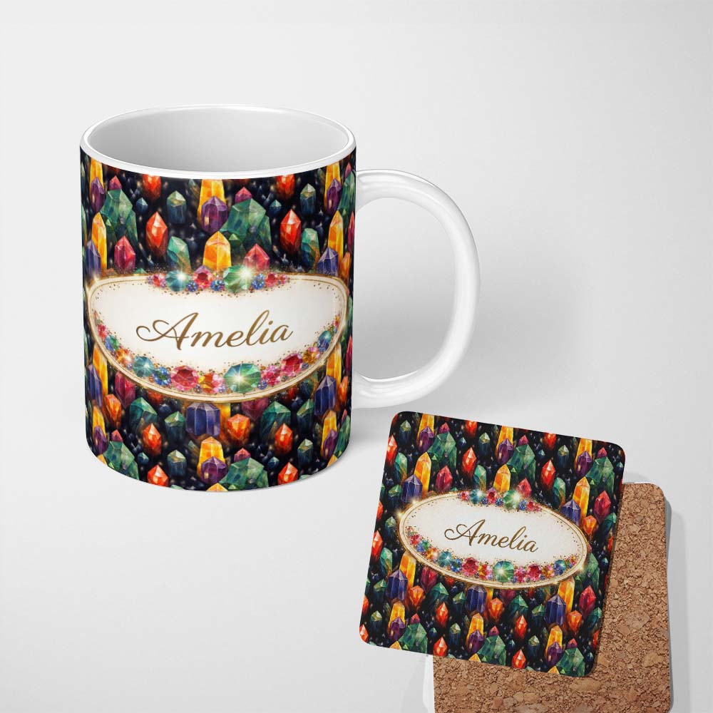 Personalized Custom Name Watercolor Red Blue Crystal Seamless Pattern Artistic Gemstone 11oz Ceramic Coffee Tea Mug White Large Handle