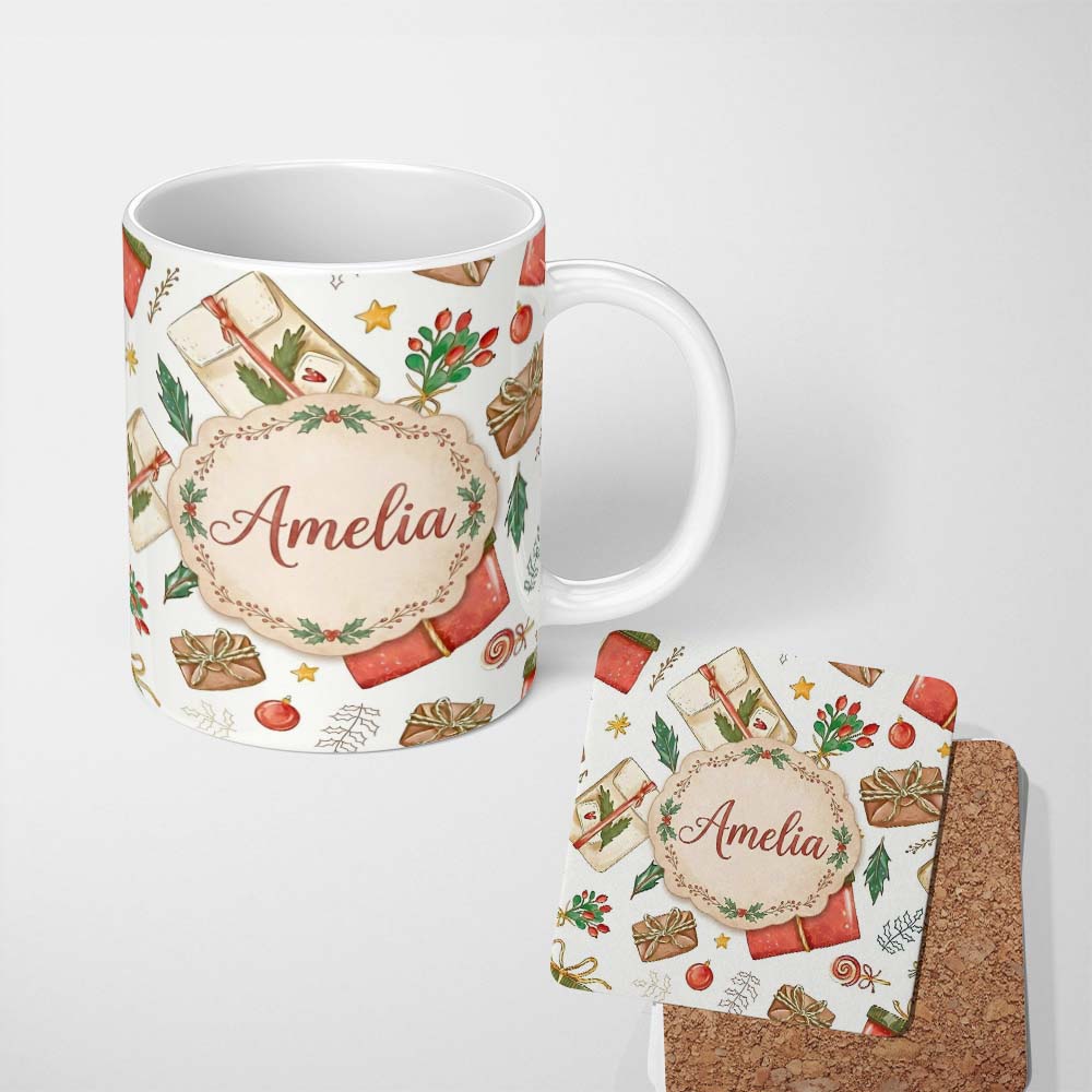 Personalized Custom Name Festive Gift Boxes Candy Stars Christmas Holiday Seamless Pattern 11oz Ceramic Coffee Tea Mug White Large Handle