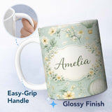Personalized Custom Name Hot Air Balloon Floral Pattern Green Background Seamless Lovely 11oz Ceramic Coffee Tea Mug White Large Handle