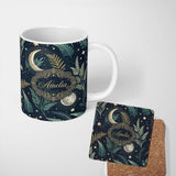 Personalized Custom Name Botanical Moon Leaves Stars Night Sky Seamless Pattern Lovely 11oz Ceramic Coffee Tea Mug White Large Handle