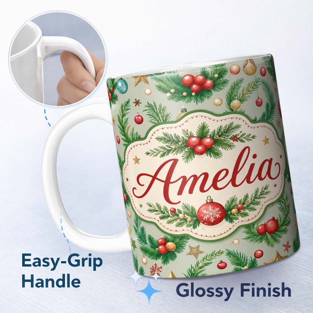 Personalized Custom Name Watercolor Christmas Wreath Baubles Pine Branches Festive Seamless 11oz Ceramic Coffee Tea Mug White Large Handle