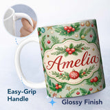 Personalized Custom Name Watercolor Christmas Wreath Baubles Pine Branches Festive Seamless 11oz Ceramic Coffee Tea Mug White Large Handle