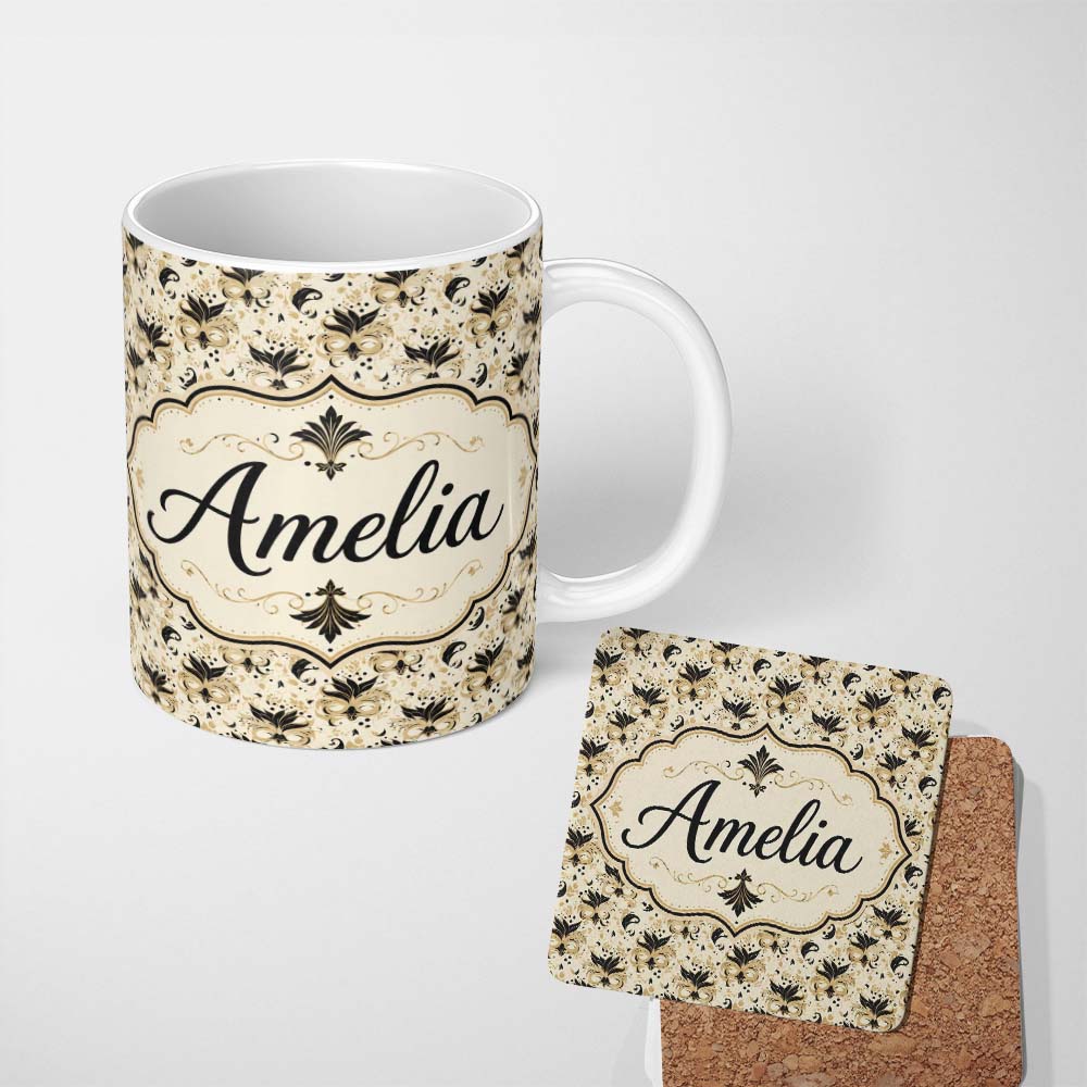 Personalized Custom Name Classic Black and Gold Floral Masquerade Mask Pattern on Cream 11oz Ceramic Coffee Tea Mug White Large Handle